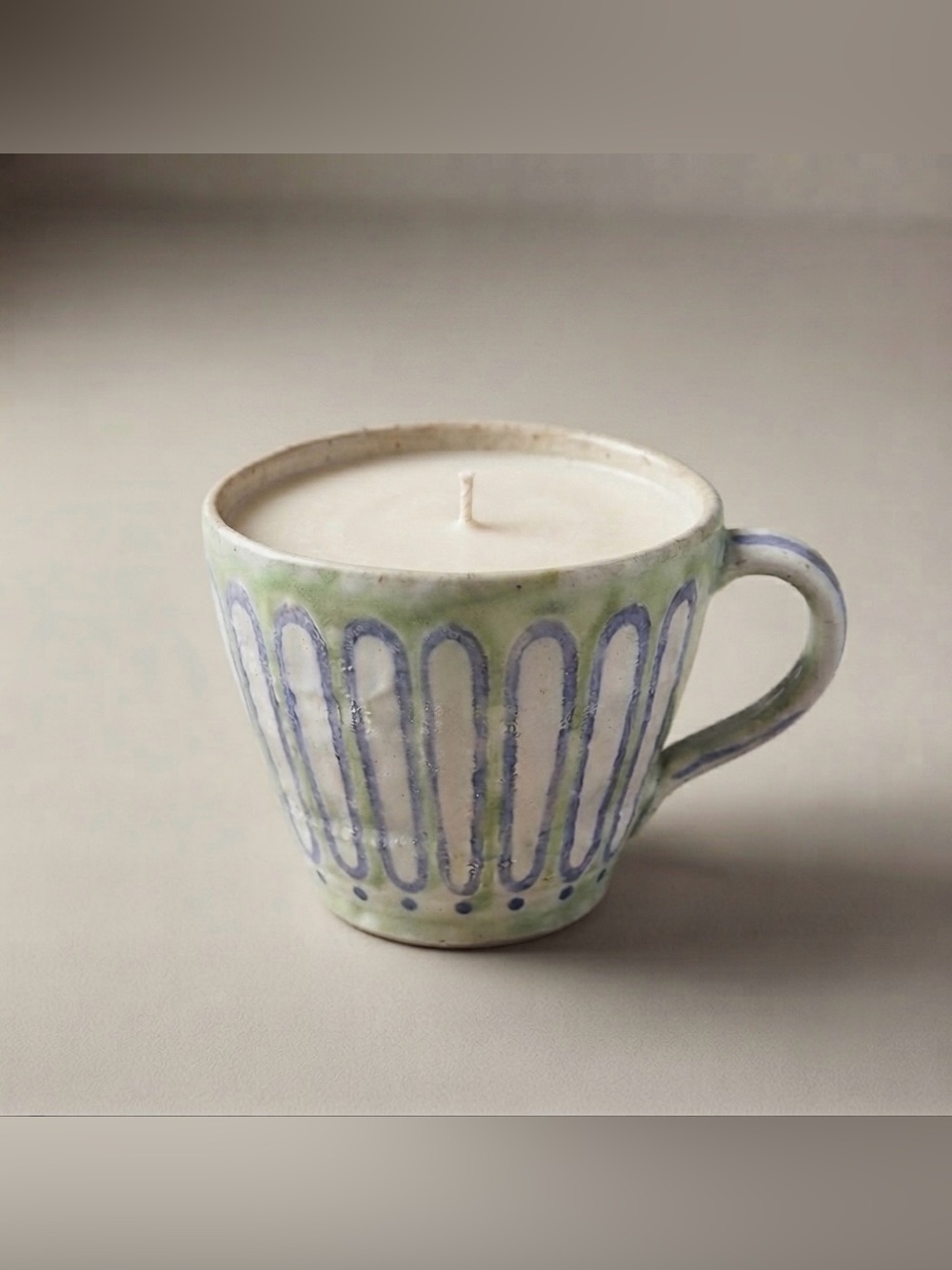 Hand Crafted Handmade Tea Cup Pastel Green Blue Plant Pattern Coffee Ceramic Mug